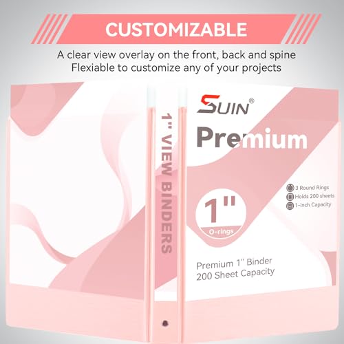Image of SUIN 1 Inch 3 Ring Binder, Clear 1'' View Presentation Binders with 2 Pockets, Fits 8.5 x 11 Letter Size, Durable Polypropylene, Non-Stick & PVC-Free for School, Office & Home (Brushed Pink)