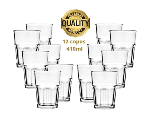 Conjunto com 12 Copos de Vidro Transparente Ultra Resistentes Bristol Detalhe em Alto Relevo Externo