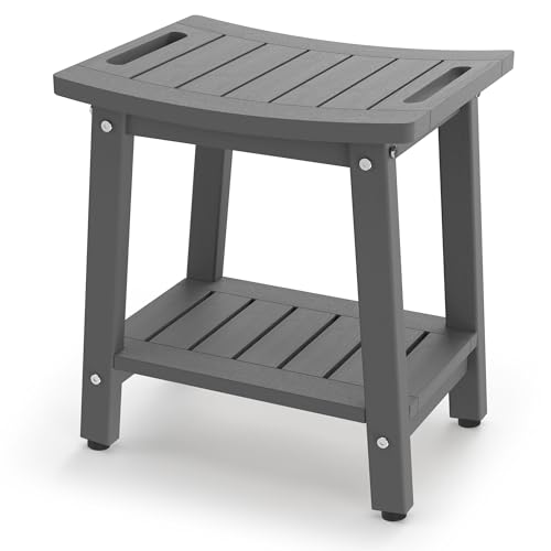 Imagen de BEKVEM - Banco de ducha para ducha interior, taburete de ducha de polietileno de alta densidad gris, impermeable, silla de asiento de baño con asa, estante de almacenamiento, pies ajustables, para