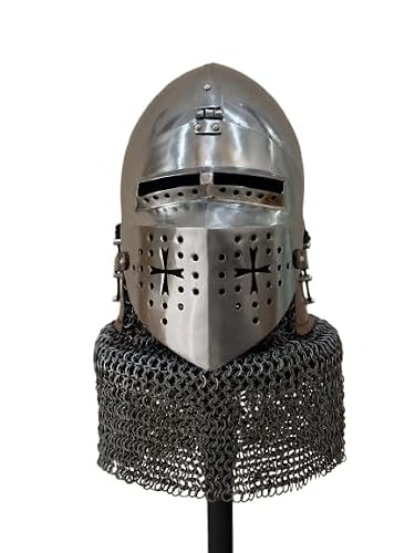 Medieval Bascinet Helmet with Chainmail Aventail 14 Gauge Steel | Knight Armor, LARP, Handmade, Steel Construction, Chainmail Included