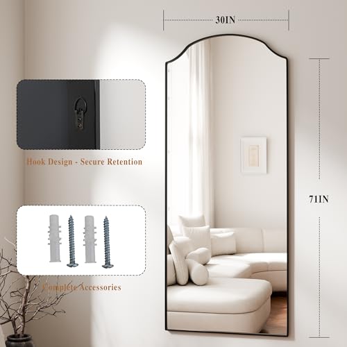 Image of BEAUTYPEAK Full Length Mirror, Full Body Mirrors with Unique Arched Design, 71 inchx30 inch Floor Mirror with Aluminum Alloy Frame, Standing Hanging or Leaning for Bedroom and Living Room, Black