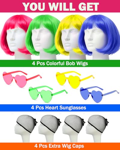 Image of Colorful Bob Wigs with Heart Sunglasses, Neon Colored Funny Wigs for Party