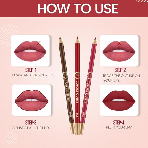 Image of Colors Queen Matte Lip Liner Pencil Combo Pack of 3 | Non Transfer Formula For Professional Makeup | Lip Liner Pencil Waterproof (Pack of 3 Combo 5)