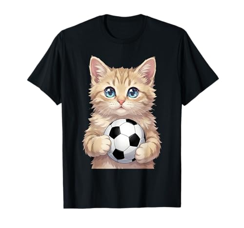 Cute Cat Holding Soccer Ball Adorable Kawaii Kitten T-Shirt