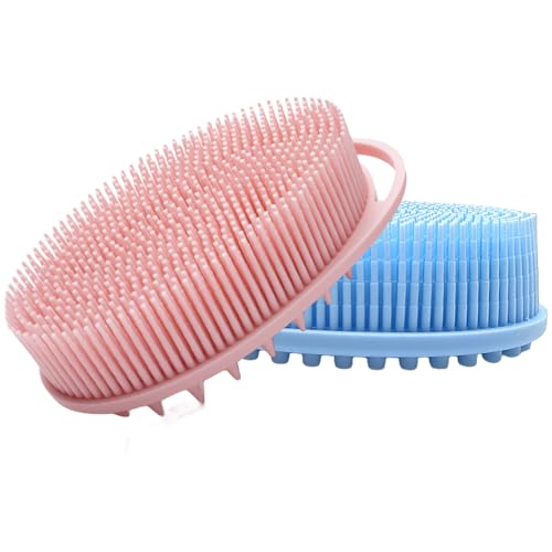2 Pieces Silicone Body Scrubber Exfoliating Shower Bath Body Brush with Built-in Loop Handle Blue and Pink Dual-Sided Shower Scrubber with Hooks for Women and Men Kids Elder Deep Cleansing Tool