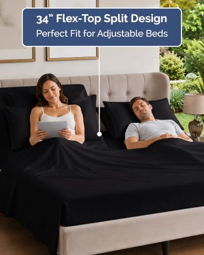 Image of CGK Unlimited Flex Top Split Head King 6 Piece Piece Sheet Set - Comfy Breathable & Cooling - Soft Hotel Luxury Bedding Set with 8-16 Inch Deep Pockets - 1 Flat & 1 Fitted Sheet & Pillowcases - Black