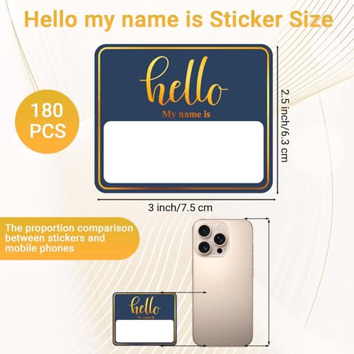 Image of 180 PCS Hello My Name is Name Tag, Gold Foil Name Tags Sticker, 2.5 x 3 Inch Large Name Labels, Blue Adhesive Name Tag Labels for Business, Party - Office, School, Home