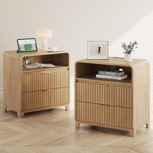 Image of Fluted Natural Nightstand Set of 2, 24 Inch Bedside Table with Charging Station, Modern Wood Night Stand with 2 Drawers and Open Shelf, End Table for Bedroom, Natural Oak