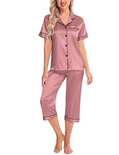 SWOMOG Satin Pajama Set Women Silk Pjs Set Short Sleeve 2 Piece Button Down Sleepwear Lounge Sets