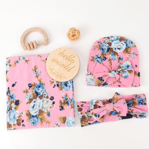 Image of DRESHOW BQUBO Baby Girl Newborn Floral Receiving Blankets with Bow Hat Headband Wooden Birth Announcement Card Set Newborn Baby Swaddling Hats Swaddle Blanket Toddler Warm Shower Gift
