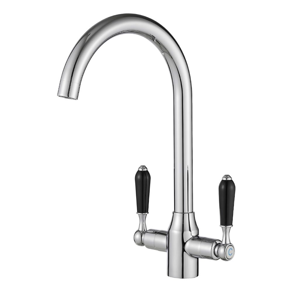 Heable Chrome Kitchen Sink Mixer Tap with Black Ceramic Dual Lever Monobloc Victorian Style Kitchen Taps 1 Hole Elegant Swivel Mono Traditional Sink Faucet with Flexible Hoses