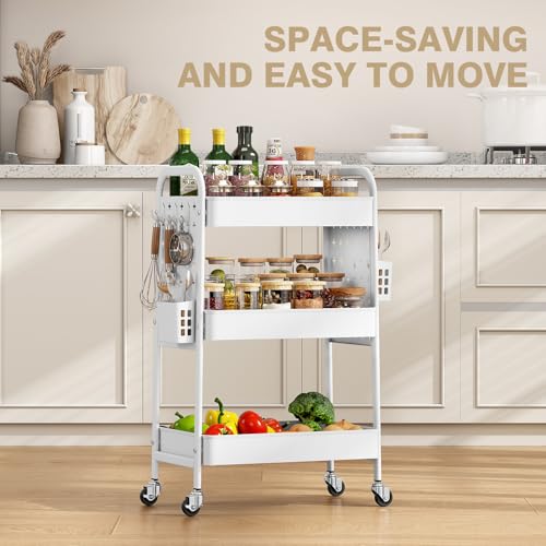 Image of KINGRACK 3 Tier Rolling Cart with DIY Pegboard, Metal Utility Cart with Wheels, Hooks & Baskets, Sturdy Storage Organizer for Craft, Bathroom, Kitchen, Office, Nursery, Classroom (White)