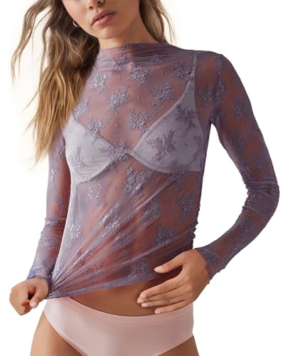 siliteelon Lace Tops for Women Mesh Long Sleeve Top Sheer Lace Shirt Floral Mock Neck Party Club Lace Undershirt Purple