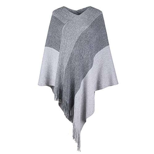 Womens Poncho Sweater V Neck Striped Pullover Soft Scarf Wrap Cape with Fringes Grey