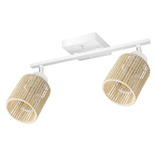 BoostArea LED 2 Light Track Lighting Kit, White 2 Way Ceiling Spot Lighting with Handwoven Hemp Rope Lampshade, Flexibly Rotatable Light Head for Kitchen, Living Room, Bedroom, Bulb Not Included