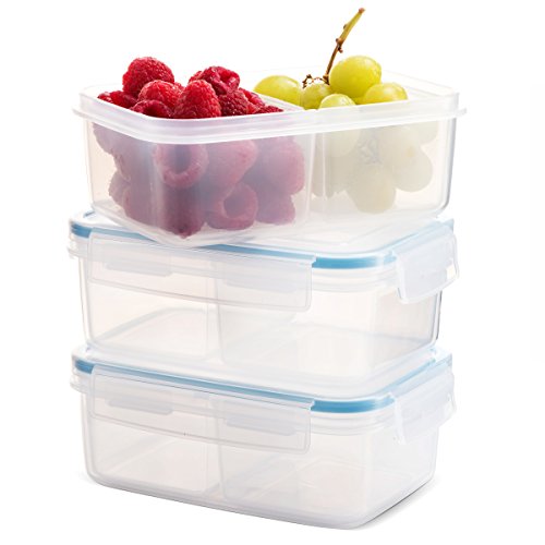 Komax Biokips Food Storage Snack Container 30oz. With Dividers (set of 3) - Airtight, Leakproof With Locking Lids - BPA Free Plastic - Microwave, Freezer and Dishwasher Safe - Compact Size for Pantry