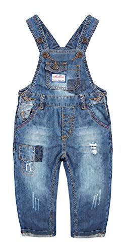 Kidscool Space Baby&Little Boys Easy Diaper Changing Snap Legs Patched Ripped Denim Overalls,Blue,18-24 Months