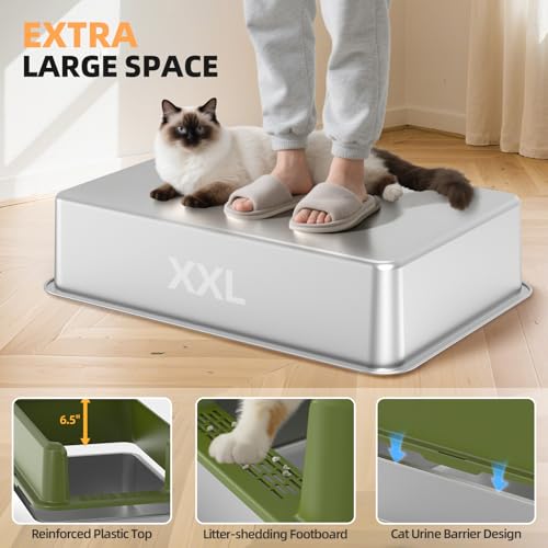 Image of WoofiGo Enclosed Stainless Steel Cat Litter Box with Lid, XL Extra Large Litter Box for Big Cats, Metal Litter Pan High Sided, Never Absorbs Odors, Anti-Urine Leakage, Include Scoop (65-Green)
