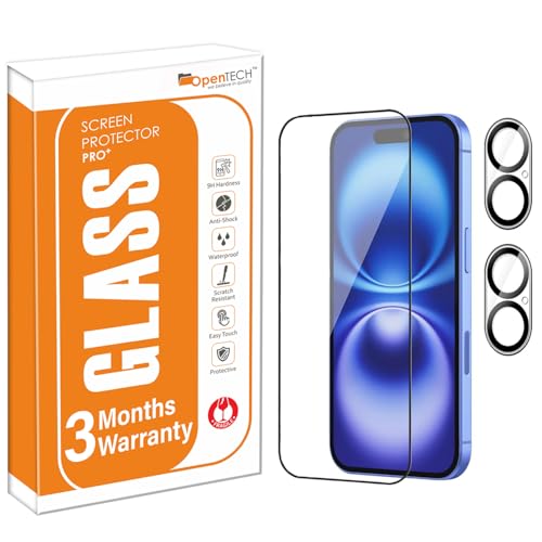 Image of OpenTech️ Military-Grade Gorilla Tempered Glass for iPhone 16 with Camera Lens Protector (Pack of 2) Edge to Edge Coverage - Case Friendly, Anti scratch, HD Clear and Bubble free installation kit