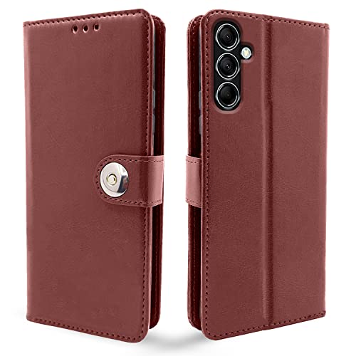 Image of Pikkme Samsung Galaxy M14 5G Flip Cover Leather Finish | Inside TPU with Card Pockets | Wallet Stand and Shock Proof | Complete Protection Button Flip Case (Brown)