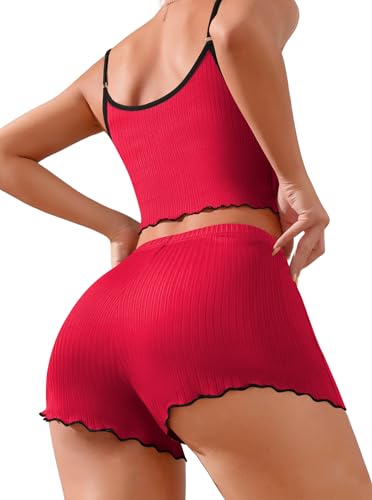 Image of Hilinker Womens Graphic Print Ribbed PJ Set Crop Cami Tops and Shorts Cute Pajamas Set