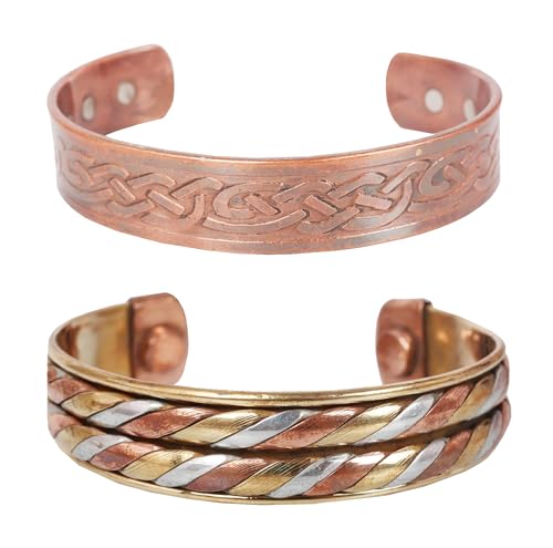 Image of Touchstone copper bracelets | gift for men women |adjustable 100% pure solid real magnetic jewelry | handmade bracelet set combo | rope braided tibetan bangles.