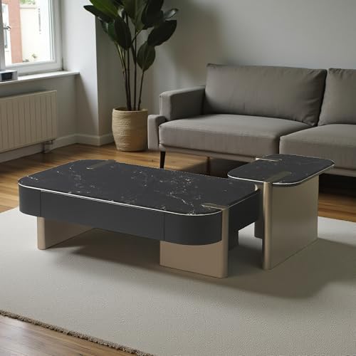 Image of The Attic Obsidian Luxe Modern Black Marble & Gold Coffee Table Set - Dual-Tier Designer Center Table with Storage for Living Room Elegance