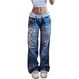 Yokbeer Damen Low Waist Cargo Jeans Gerade Breites Bein Baggy Denim Hosen Y2k Indie Aesthetic Vintage Jeanshosen 90er Streetwear (Color : Blue, Size : S)