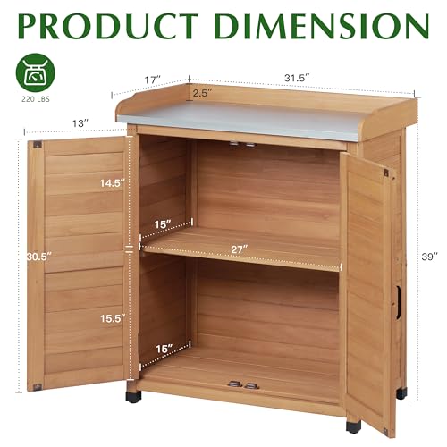 Outdoor Storage Cabinet & Potting Bench Table with Metal Top, Wooden Patio Furniture, Garden Workstation (Light Brwon, 39x31.5x17in)