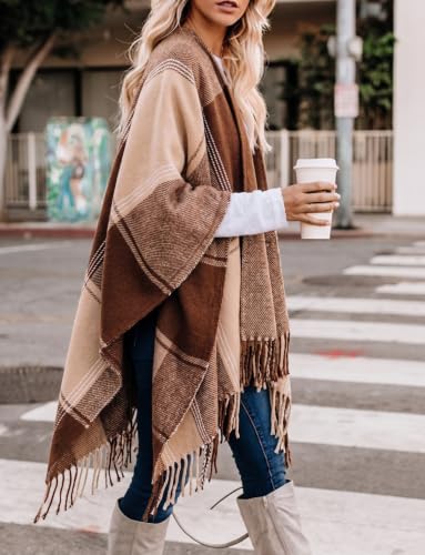 Image of Bestshe Women's Boho Open Front Poncho Plaid Shawl Wrap Cape