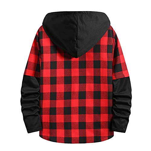 Image of Men's Autumn & Winter Checked Seams Long Sleeve Casual Hooded Jackets Top, Casual Jacket Men's Sporty Cardigan Men's Hooded Sports Jacket Men's Hooded Sweat Jacket Casual Shirt, red, M