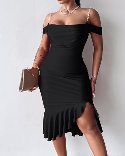 Image of CHICME Womens Sexy Bodycon Party Dress Off The Shoulder Pearls Strap Midi Dress Ruffle Hem Cocktail Dresses