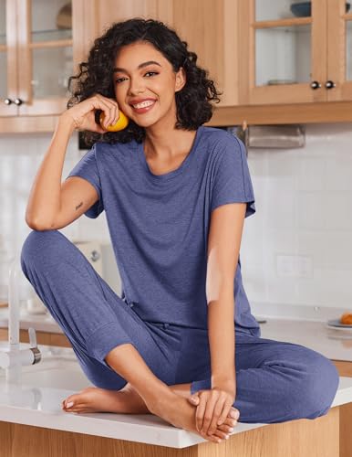Image of Ekouaer 2 pack Pajama Sets for Womens Jogger Pants Pjs Short Sleeves Lounge Set Soft Sleepwear with Pockets