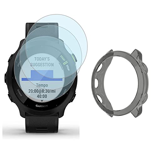 Image of SHUAXI Watch Screen Protector (3+1Pack) Compatible for Garmin Forerunner 55,Tempered Glass Film Anti-Scratch High Definition Full Coverage and Soft TPU Protective Case,Transparent,D35MM