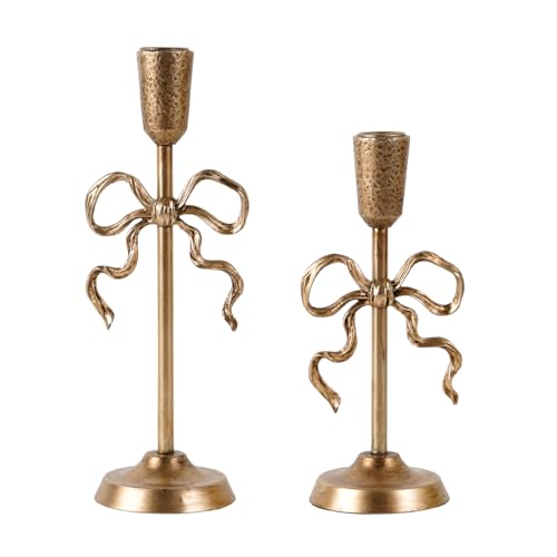 NIKKY HOME Vintage Elegant Gold Bow Iron Taper Candle Holders Set of 2