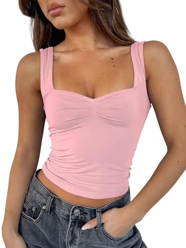 TiulZial Women Sleeveless Sexy Backless Going Out Crop Top Y2K Strappy Ruched Tank Top Summer Tight Slim Fit Cute Tops(Pink,S)