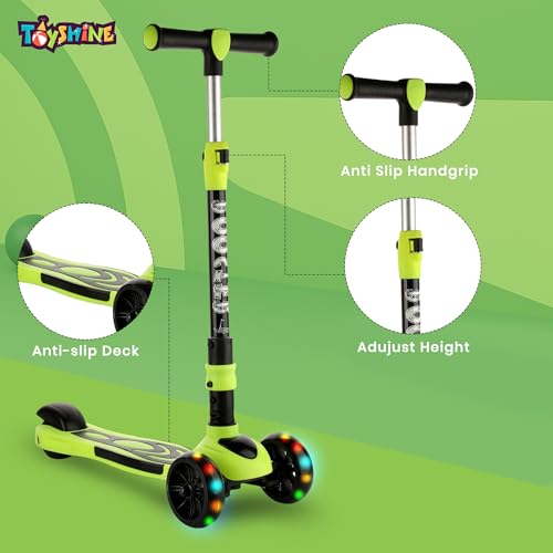Image of Toyshine 3 Wheel Rooster LED Wheels Runner Scooter with Anti Slip ABS Base Aluminium Structure Height Adjustable Handlebar Max Load 45kg for Kids Boys Girls - Green