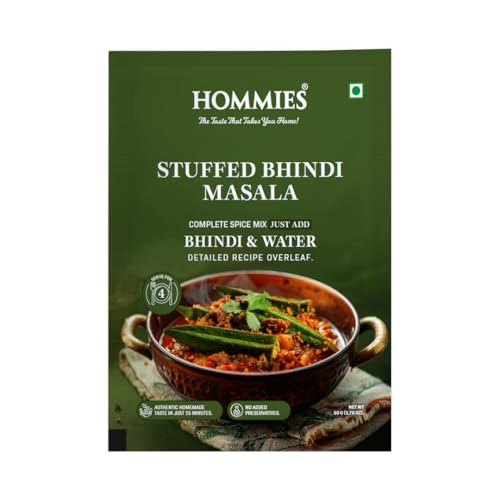 Image of Hommies Stuffed Bhindi Masala Spice Mix | Ready to Cook in Minutes | Just Add Ladyfinger & Water | Serves 4 | Healthy Curry Masala with No Preservatives | Pack of 4 (200g, 50g Each)