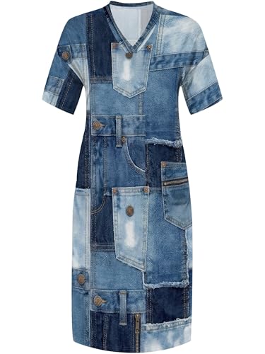 Image of SUZONANA Plus Size Denim Print Maxi Dresses for Women Casual V Neck Short Sleeve with Pockets Soft Jean Look Dress XL-6XL