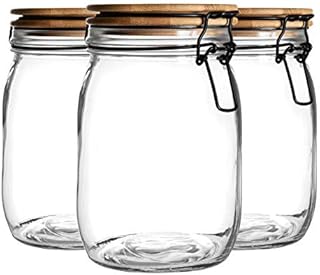 Argon Tableware 3 Piece Airtight Storage Jar with Wooden Lid Set - Round Scandinavian Style Glass Canister - Black Seal - 1 Litre