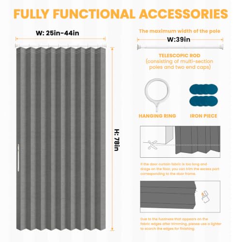 Image of Blackout Sliding Door Curtains for Doorways with Curtain Rods 28-39 In Length, Accordion Doors Magnetic Door Curtain for Bedroom Living Room Doorway Curtain Sets (1 Panel, 42 W x 78 L, Dark Grey)