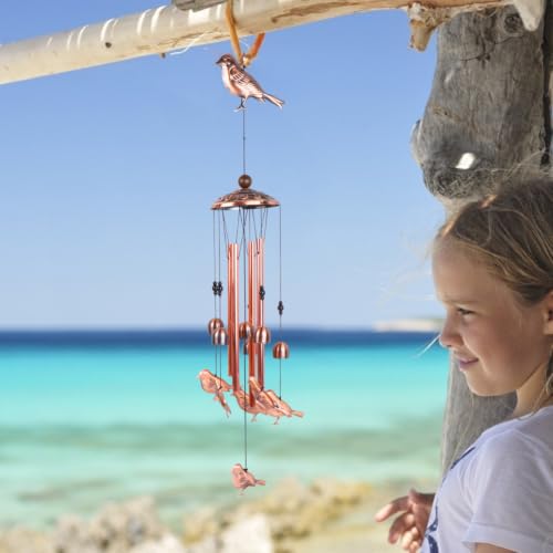 Campana de viento con sonido nítido y patrón de pájaro hecha en latón ornamental 7