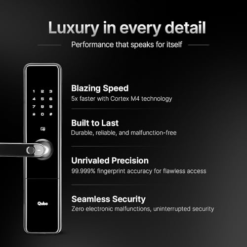 Image of Qubo Smart Door Lock Ultra from Hero Group | Remote App Unlock | 5 Bolts | Tamper Alerts | 7-Way Unlocking | Fingerprint| PIN | OTP | RFID Card | Key | 3-Year WarrantyI Black