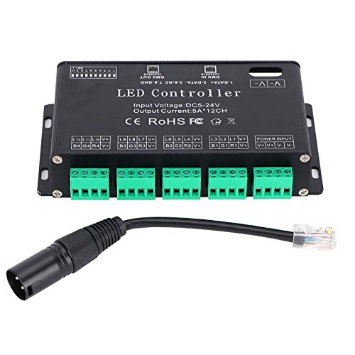 BWLZSP 12 Channel DMX Constant Decoder RGB LED Light Strip Controller DMX512 Decoder DC5-24V Decoding Controller LED Controller for Strip Light Rj45 Connection