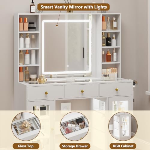 Image of White Vanity Desk with Mirror and Lights, Glass Top Vanity with Lighted Mirror & RGB Cabinet and 3 Drawers, Dressing Table with 8 Shelves, Makeup Desk with Lights for Girls Bedroom, 3 Color Modes