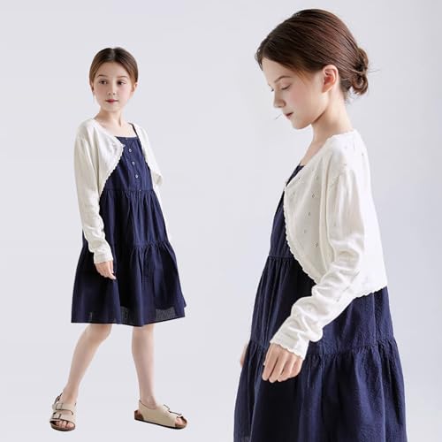 Hvididan Girls White Cardigan, Size 7-8 Girls Bolero Shrug Cardigan, Kids Knit Sweater Hollow Out Long Sleeve thumb #3