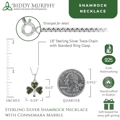 Biddy Murphy Genuine Irish Shamrock Necklace with Connemara Marble - 925 Sterling Silver Celtic Jewelry Assay Hallmarked in Dublin, Made in Ireland, Three-Leaf Clover Pendant with 18" Chain3