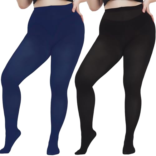 Image of Women's Plus Size Tights Opaque Ultra-Soft Pantyhose High Waist Run Resistant Solid Color Elastic Tights 1X, 2X, 3X, 4X Black + Navy Blue X-Large