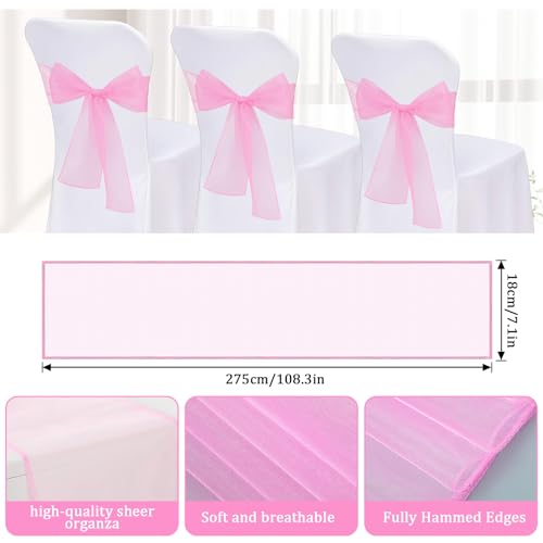 Aysatogc 10PCS Pink Chair Sashes, Organza Elegant Chair Bows Sheer Ribbon Tie Back Universal Chiffon Knots Ties for Wedding Banquet Party Decoration Classroom