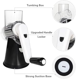 Cambom Rotary Cheese Grater Hand Crank Cheese Shredder for Fresh Cheese, Vegetable, Nuts,Non-slip Suction Base, Free Cleaning Brush Three Blades, Black